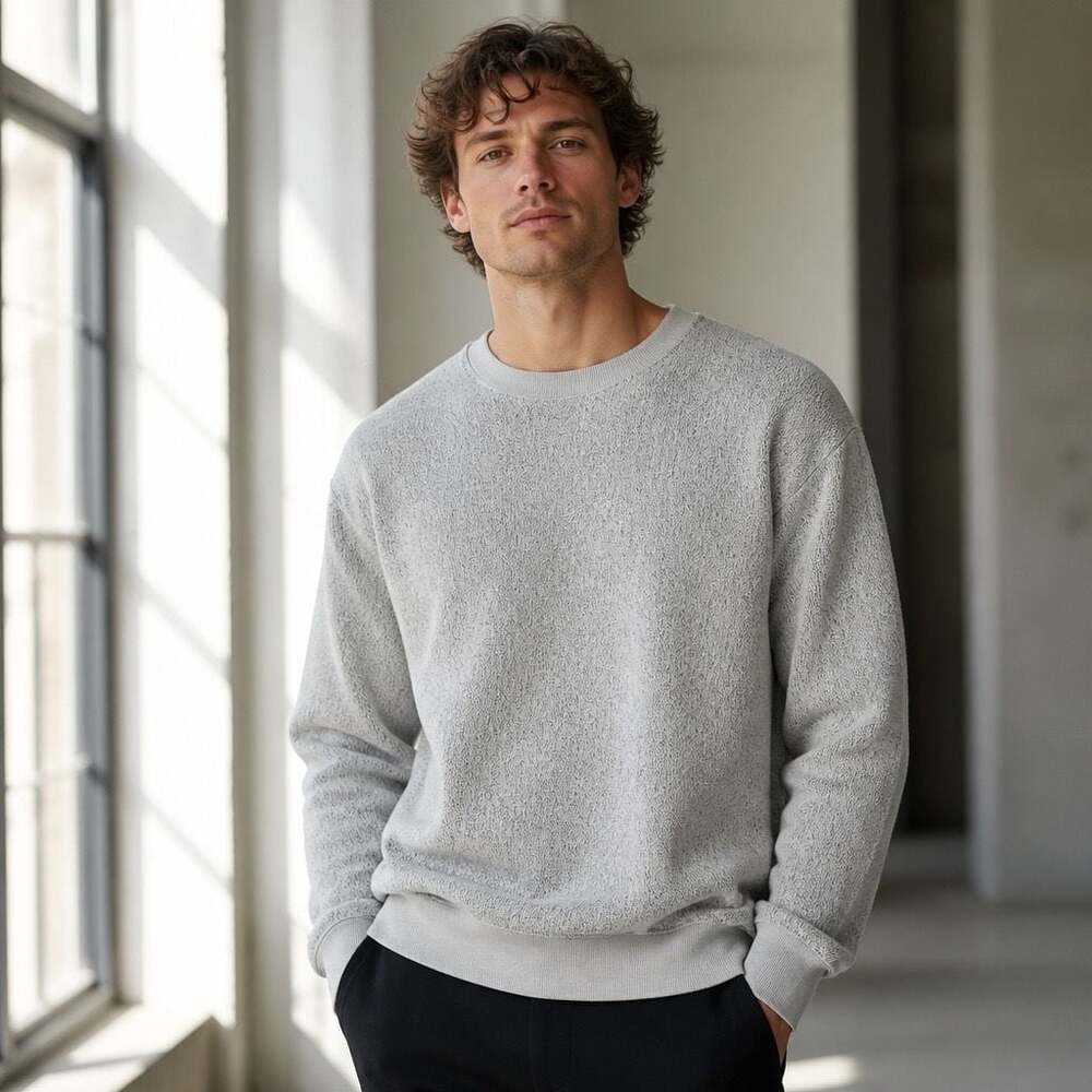 Orvis Men's Grey Textured Bouclé Knit Crew Neck Sweatshirt XL